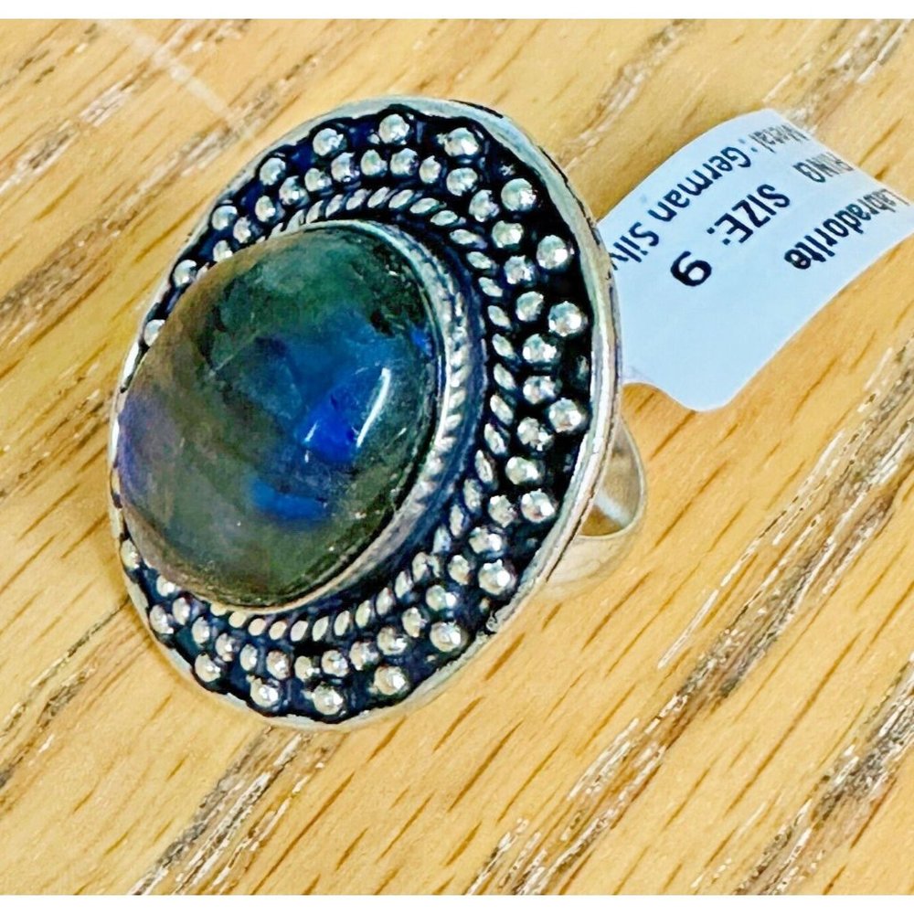 Labradorite Real Gemstone Ring Large 1.25 Inches Ornate Setting Ring Size 9